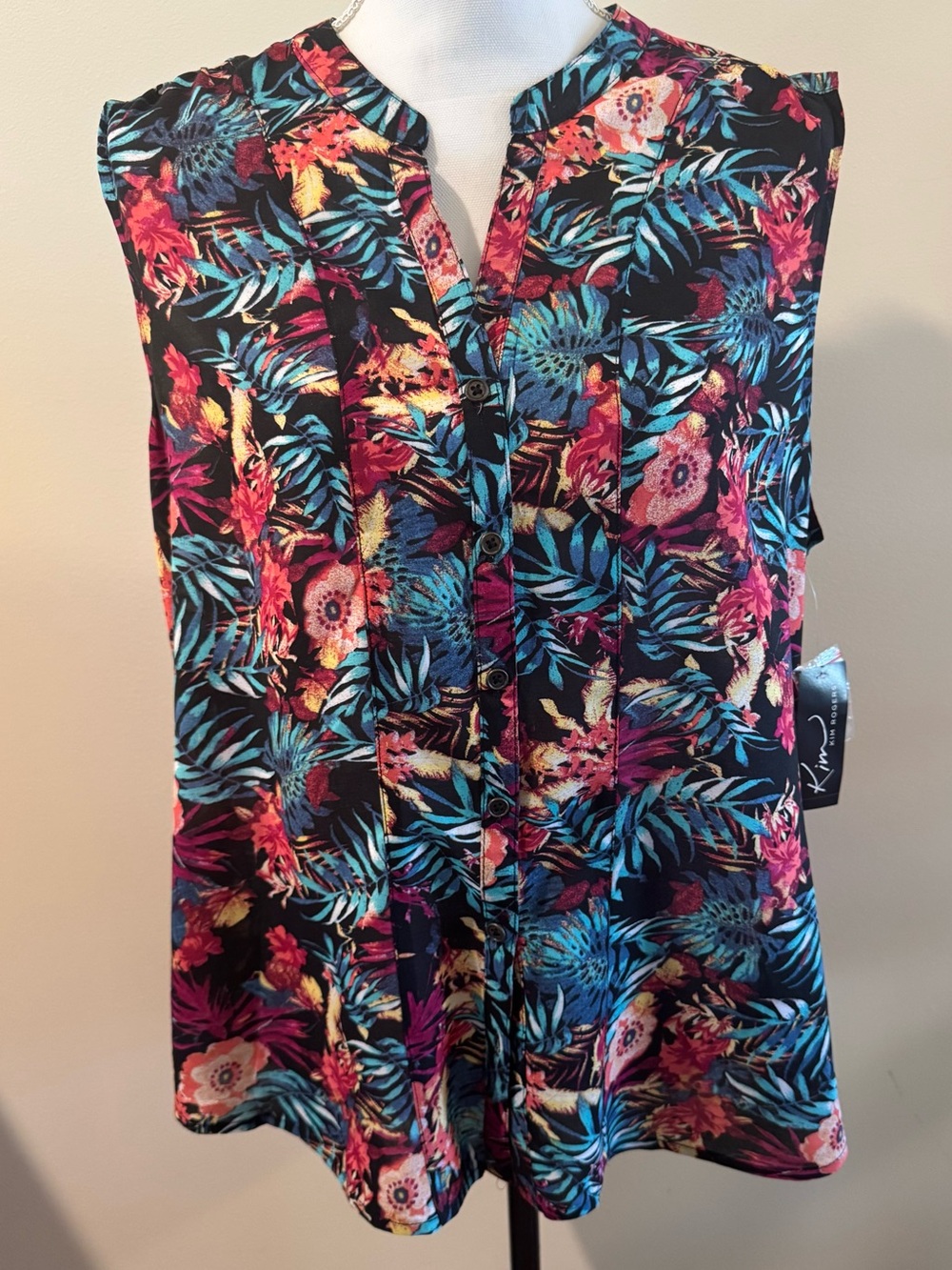 Kim Rogers Black Tropical Floral Sleeveless Button-Front Top